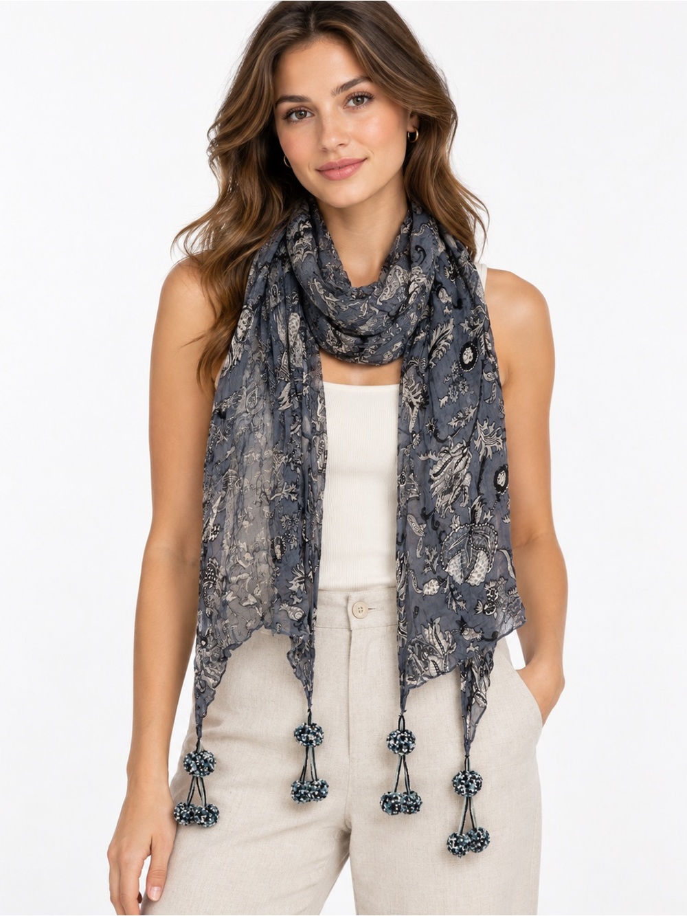 Elizabeth Gillett Tassel Pom Pom  fashion scarf